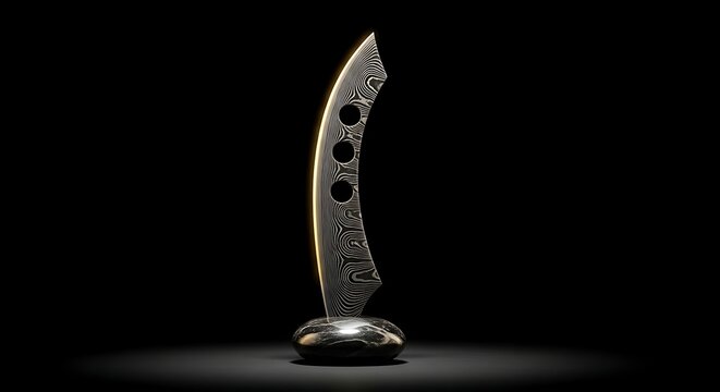 Elegant Traditional West Javanese Kujang Blade with Intricate Pamor Pattern on Black Background