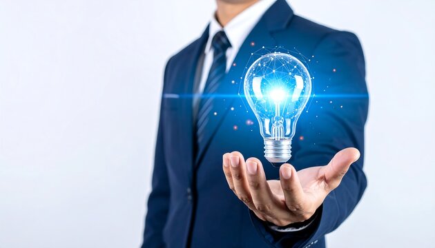 A man in a blue suit extends an open palm, holding a glowing lightbulb with a network of digital connections