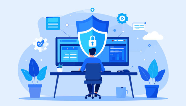 Cybersecurity protection concept with a person working on a computer, shielded from threats by a digital security shield and connected network elements, illustrating data safety and online privacy