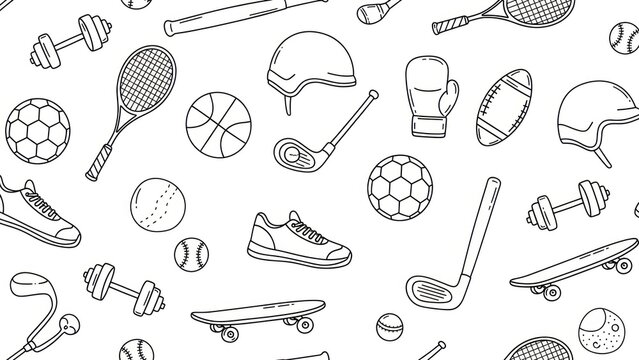 A collection of various sports equipment and gear illustrations in black and white