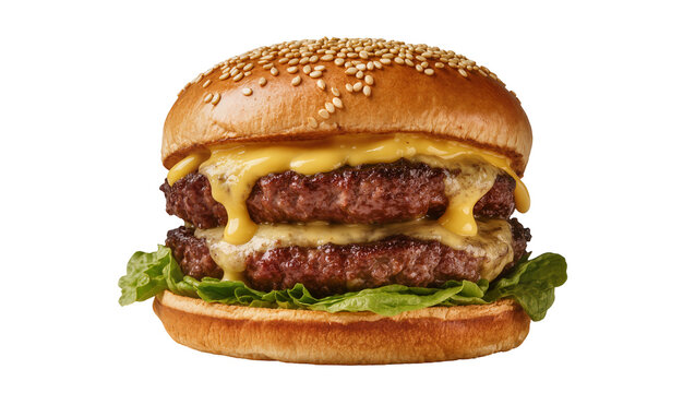 Double beef burger with melted cheese lettuce sesame bun, and sesame seeds