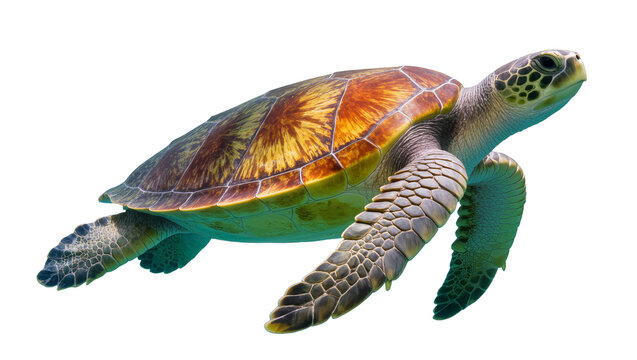 Green sea turtle swimming gracefully, displaying mottled carapace and flippers