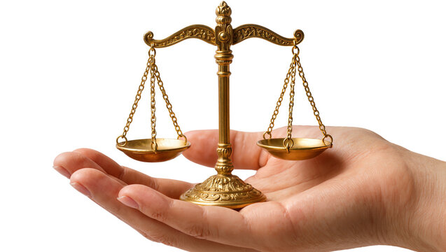 Golden antique scales held gently in a fair human palm, symbolizing justice and balance