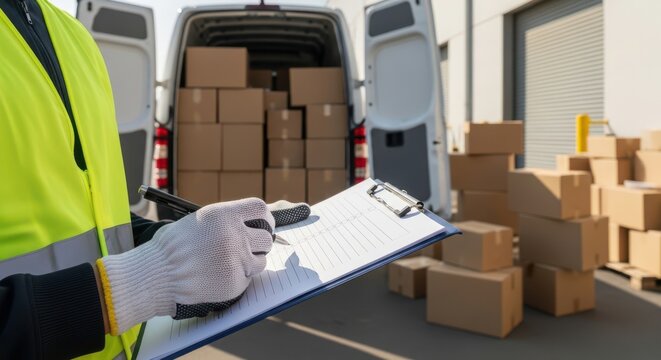 A delivery worker in a high-visibility vest checks off boxes on a clipboard in front of a van full of cardboard boxes