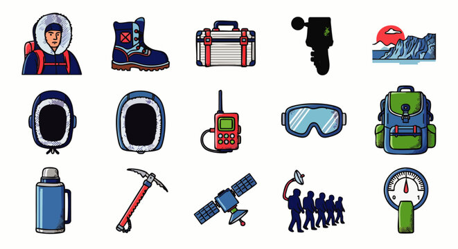 Collection of expedition and adventure gear icons: arctic explorer, boot, suitcase, anemometer, iceberg, helmet, GPS, radio, goggles, backpack, thermos, ice axe, satellite, team, compass