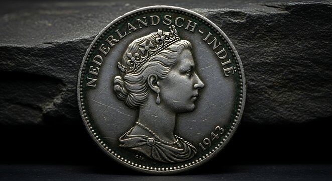 Obverse Side of a 1943 Dutch East Indies Silver Coin Featuring Queen Wilhelmina