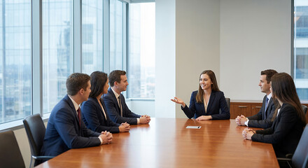 Obraz premium A group of business professionals in a meeting room, with one woman speaking and gesturing to the others who are listening attentively.