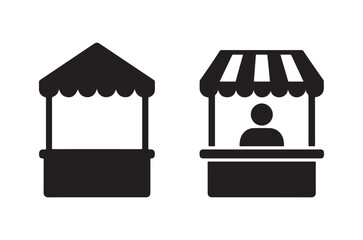 Obraz premium Two black and white icons depicting market stalls with and without a vendor