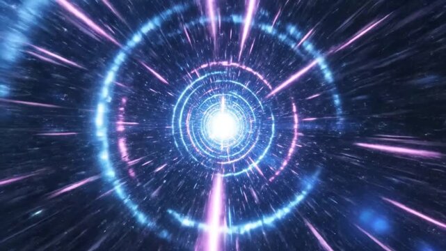 Vibrant blue and pink light rays burst from a glowing center in a dark space with swift motion.