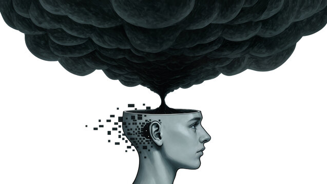 Woman s head with open skull dark smoke emerging, pixelated disintegration effect