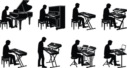 Musician playing piano and electronic keyboard silhouette set, featuring grand piano, upright piano, synthesizer and digital music performance poses in black vector illustration © NZ Hub