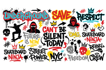 Obraz premium Graffiti art wall with spray paint, slogans, and urban culture elements.