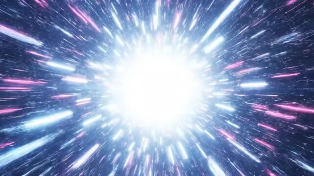 A bright light explodes with colorful streaks in space