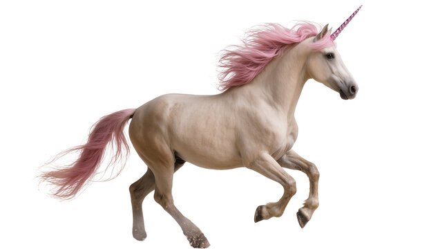 Shimmering silver unicorn galloping forward, displaying pink mane and tail