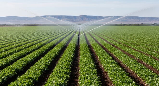 A vast agricultural field with crops growing in rows under a sprinkler system on a sunny day