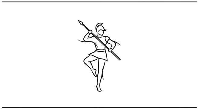 Ancient Greek Warrior Woman Dancing with Spear, Line Art Illustration