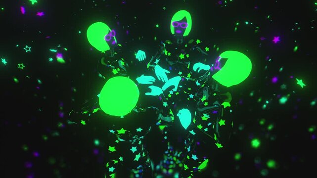 4K seamless turquoise and lilac VJ loop with four dancing figures in star-patterned bodysuits and glowing helmets for VJ sets, high-tech club visuals, music festivals, stage screens, LED video walls