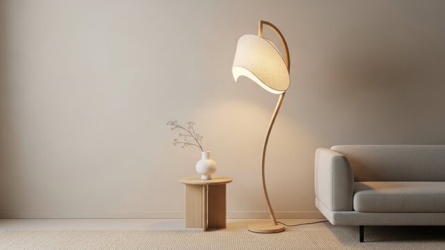 A serene living room interior with a floor lamp on a side table beside a couch
