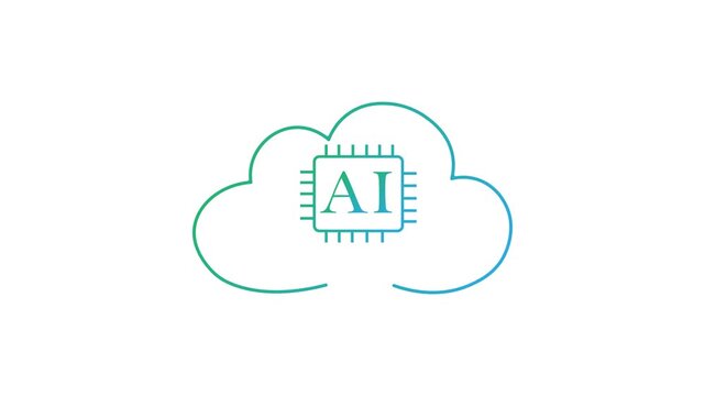 This icon animation uses a turquoise to blue gradient for all design elements, giving a modern and high-tech feel, with artificial intelligence writing objects.
