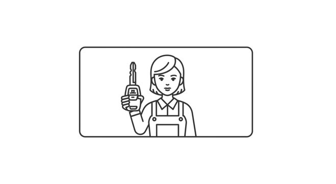 Woman holding car key, locksmith service, auto key replacement, secure vehicle access