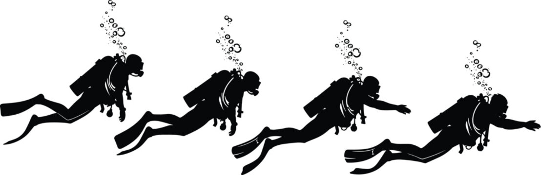 Scuba diver silhouettes swimming underwater with bubbles and gear, showcasing deep sea exploration, marine adventure, diving activity and ocean wildlife environment