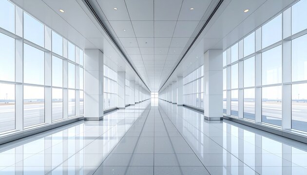 Modern airport terminal corridor with symmetrical design and natural lighting