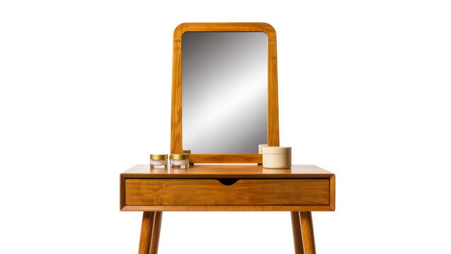 Wooden vanity table with rectangular mirror, displaying three small cosmetic jars