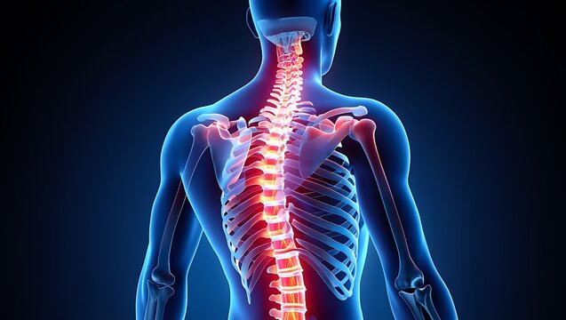 Realistic 3D scoliosis spine render showing abnormal spinal curvature in transparent human body, glowing red inflammation, front and back view, medical educational visualization concept.