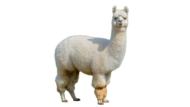 Fluffy cream-colored llama standing, displaying woolly fur and gentle expression