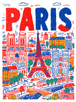 Paris City Illustration With Eiffel Tower, Notre-Dame and Charming River Seine Landmarks