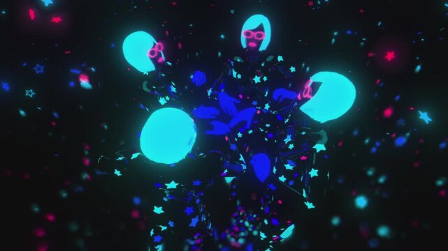 4K seamless blue-light blue VJ loop with four dancing figures in star-patterned bodysuits and glowing helmets for VJ sets, high-tech club visuals, music festivals, stage screens, LED video walls
