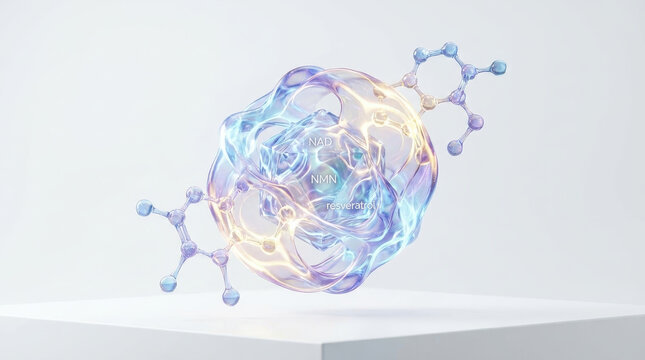 Nad nmn resveratrol combo molecule supplement vitamin antioxidant capsule health Abstract 3d molecular form clean background with nad nmn resveratrol combo theme for supplement science wellness