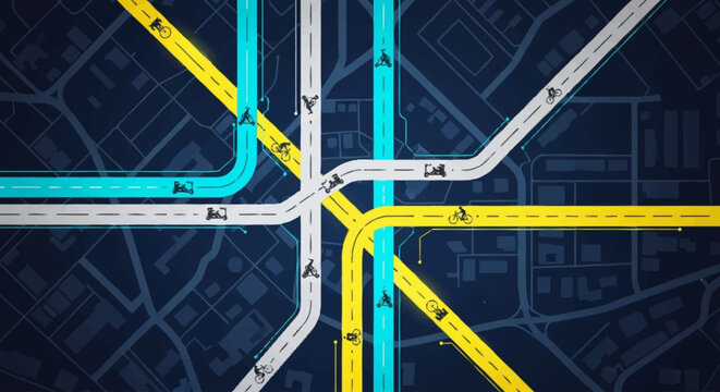 Futuristic digital city grid with autonomous vehicles navigating through glowing neon streets and abstract buildings.