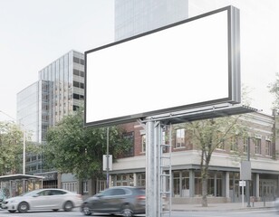 Obraz premium Billboard in the City: A large, blank billboard stands prominently in an urban environment, providing an ideal space for advertising or messaging. City buildings, roads.