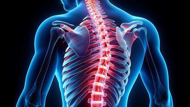 Realistic 3D scoliosis spine render showing abnormal spinal curvature in transparent human body, glowing red inflammation, front and back view, medical educational visualization concept.
