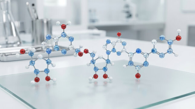 Nad nmn resveratrol combo molecule model chemistry research laboratory science education biotechnology pharmaceutical development medicine innovation glass desk with clean background