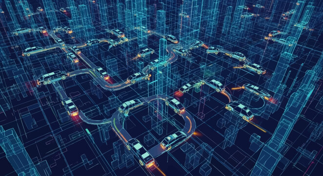 Futuristic digital city grid with autonomous vehicles navigating through glowing neon streets and abstract buildings.