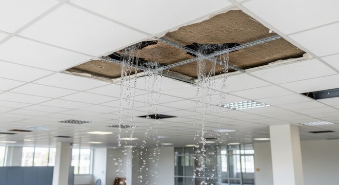 A damaged office ceiling with water dripping from a large hole in the tiles