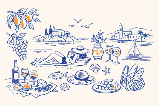 Italian Summer Vacation Doodle Style Vector Illustration Set with Hand Drawn Ink Coastal Elements, Italy Sea and Beach Prints for Wedding, Picnic and Beach Party Invitations