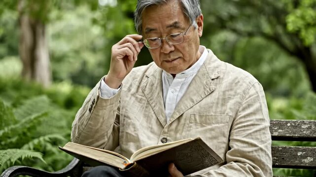 Senior man reading book on park bench in lush forest