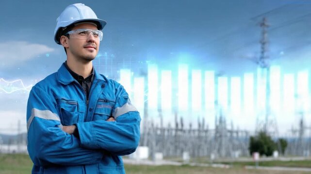 Energy Engineer's Vision: A confident engineer in a hard hat stands poised against a backdrop of power lines, embodying dedication and innovation in the energy sector.
