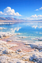 Naklejka premium Scenic view of a tranquil salt lake with blue skies and mountains.