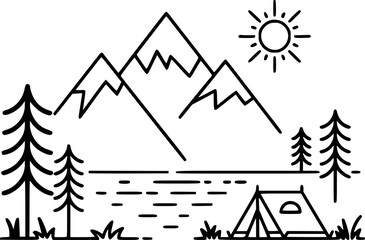 Minimalist line landscape with mountains lake trees tent and sun © Iman