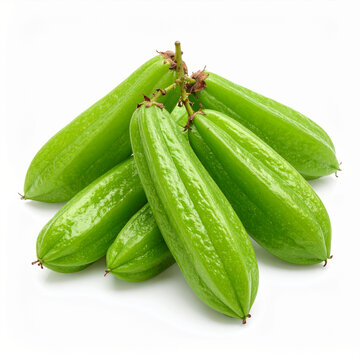 Fresh green Averrhoa bilimbi fruits isolated on white background. Tropical sour fruit known for its tangy flavor, used in cooking and traditional cuisine. Healthy organic food with natural freshness.