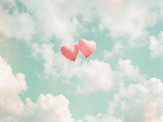 Fototapeta premium Two heart-shaped balloons floating joyfully in the sky with a lovely cloudscape background