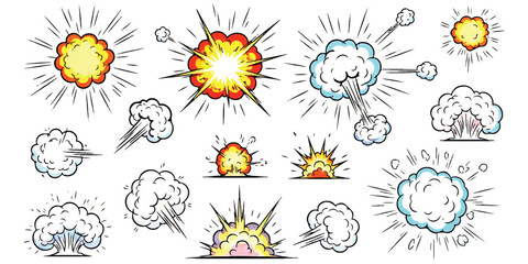 A collection of colorful hand-drawn cartoon explosions and smoke clouds for comic book art design isolated on white background, Vector, illustration © md