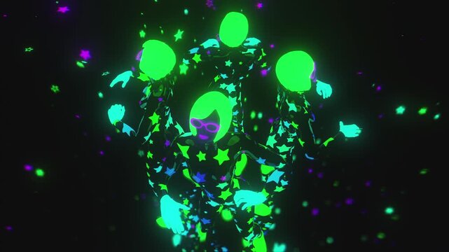 4K seamless VJ loop with dancing woman figures in star-patterned bodysuits and glowing helmets for VJ sets, high-tech club visuals, electronic music festivals, stage screens and for LED video walls
