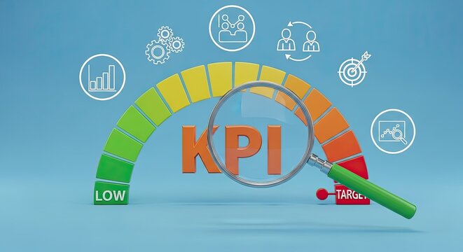 3D KPI performance gauge with magnifying glass highlighting business target success