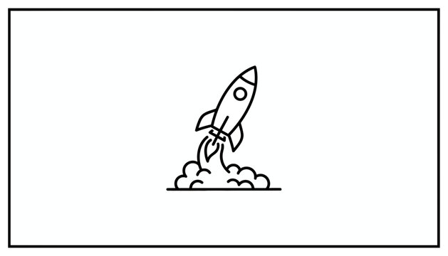 Rocket Launching Upwards with Smoke Clouds, Minimalist Line Art Icon