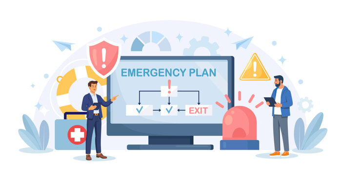Business emergency plan, checklist to do when disaster happen. Business person studying procedure of evacuation, emergency map on computer screen. Vector flat design